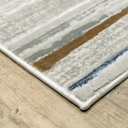 2' X 8' Grey Blue Ivory Brown Beige And Navy Abstract Power Loom Stain Resistant Runner Rug