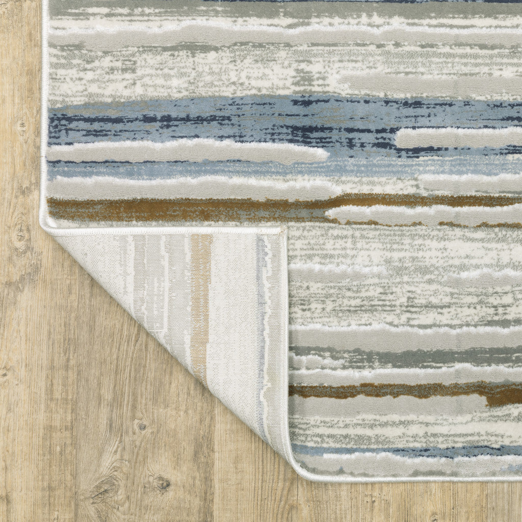 2' X 8' Grey Blue Ivory Brown Beige And Navy Abstract Power Loom Stain Resistant Runner Rug