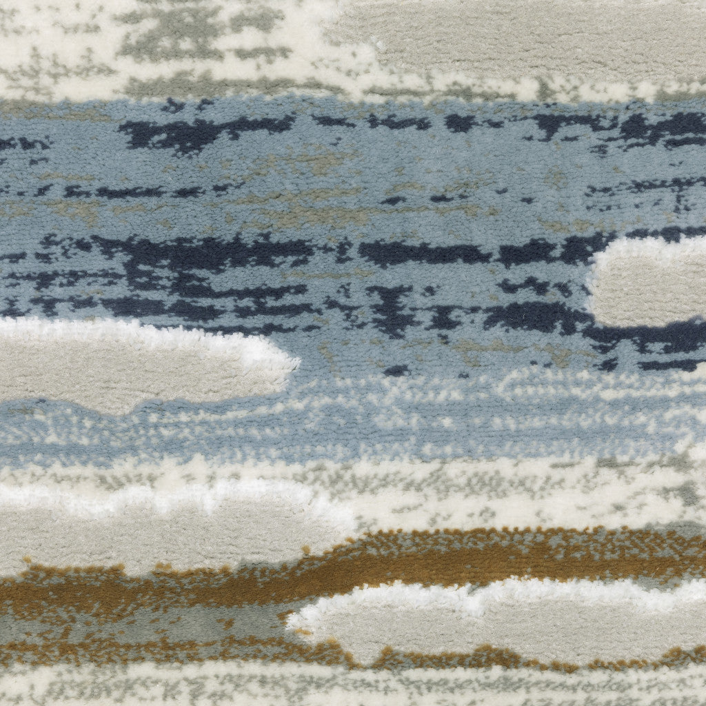 2' X 8' Grey Blue Ivory Brown Beige And Navy Abstract Power Loom Stain Resistant Runner Rug