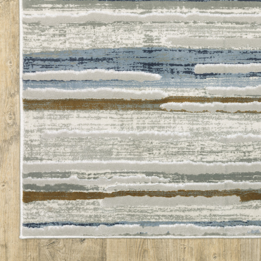 2' X 8' Grey Blue Ivory Brown Beige And Navy Abstract Power Loom Stain Resistant Runner Rug