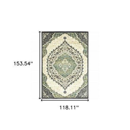 10' X 13' Ivory Navy And Green Oriental Power Loom Stain Resistant Area Rug