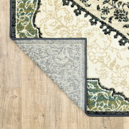 10' X 13' Ivory Navy And Green Oriental Power Loom Stain Resistant Area Rug