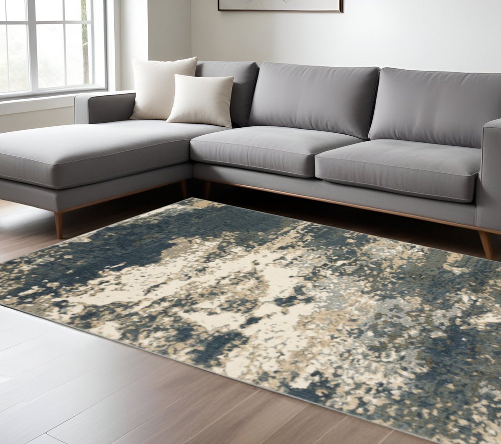 10' X 13' Beige Blue And Sage Abstract Power Loom Stain Resistant Area Rug