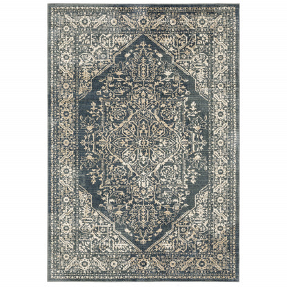 10' X 13' Beige Grey And Blue Oriental Power Loom Stain Resistant Area Rug