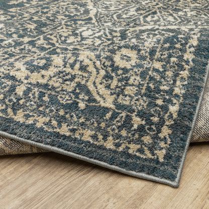 10' X 13' Beige Grey And Blue Oriental Power Loom Stain Resistant Area Rug