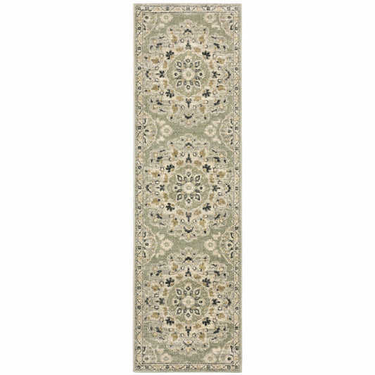 2' X 8' Green Ivory Grey And Tan Floral Power Loom Stain Resistant Runner Rug