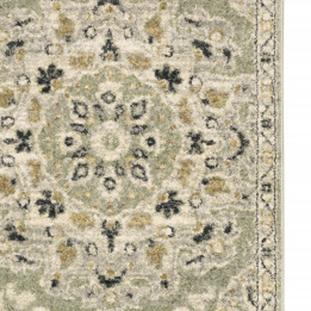 2' X 8' Green Ivory Grey And Tan Floral Power Loom Stain Resistant Runner Rug