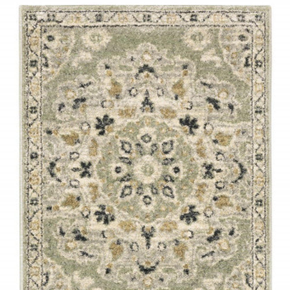 2' X 8' Green Ivory Grey And Tan Floral Power Loom Stain Resistant Runner Rug