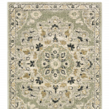 2' X 8' Green Ivory Grey And Tan Floral Power Loom Stain Resistant Runner Rug