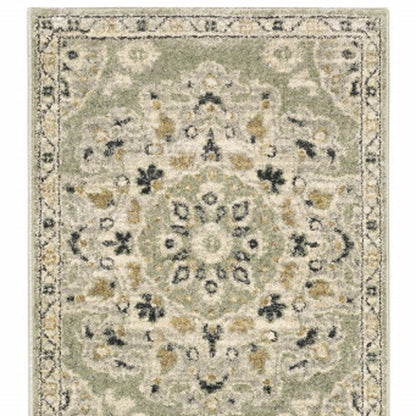2' X 8' Green Ivory Grey And Tan Floral Power Loom Stain Resistant Runner Rug