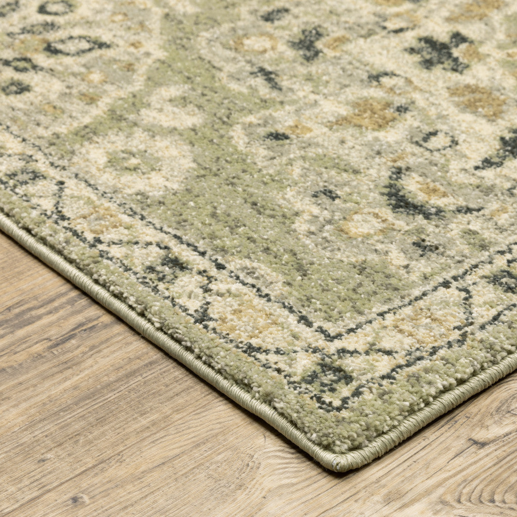 2' X 8' Green Ivory Grey And Tan Floral Power Loom Stain Resistant Runner Rug