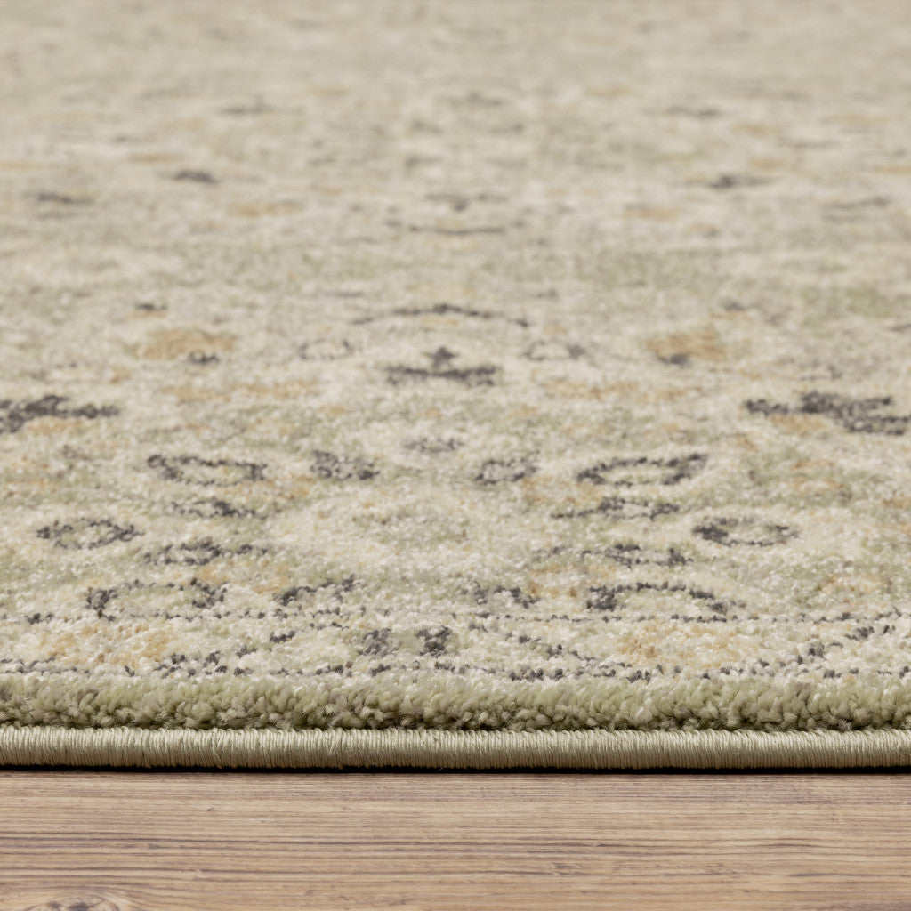 2' X 8' Green Ivory Grey And Tan Floral Power Loom Stain Resistant Runner Rug