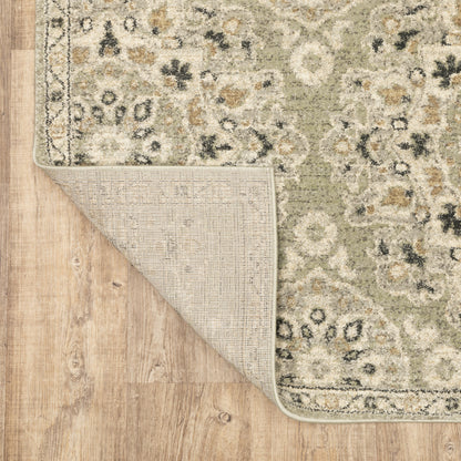 2' X 8' Green Ivory Grey And Tan Floral Power Loom Stain Resistant Runner Rug