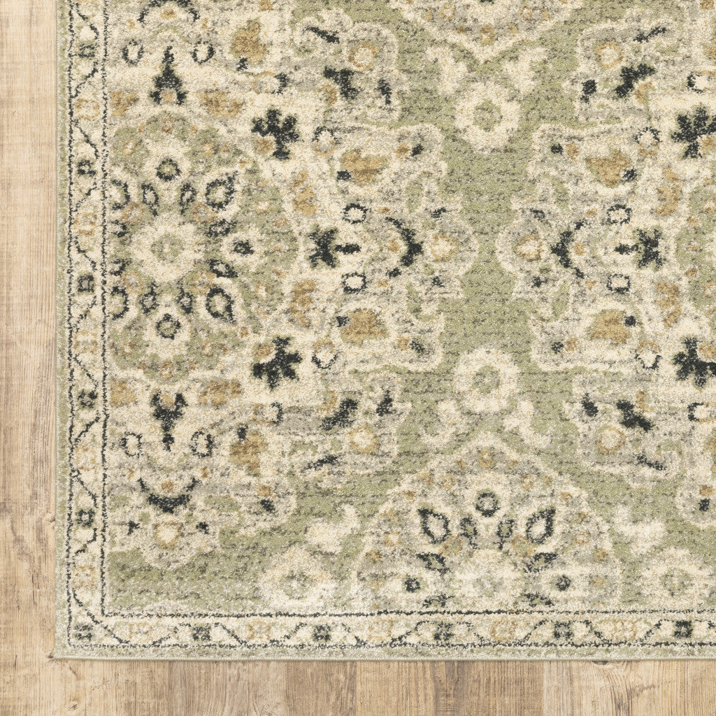 2' X 8' Green Ivory Grey And Tan Floral Power Loom Stain Resistant Runner Rug