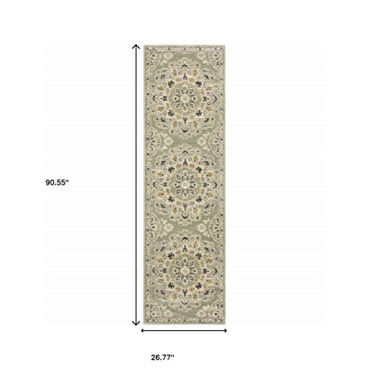 2' X 8' Green Ivory Grey And Tan Floral Power Loom Stain Resistant Runner Rug