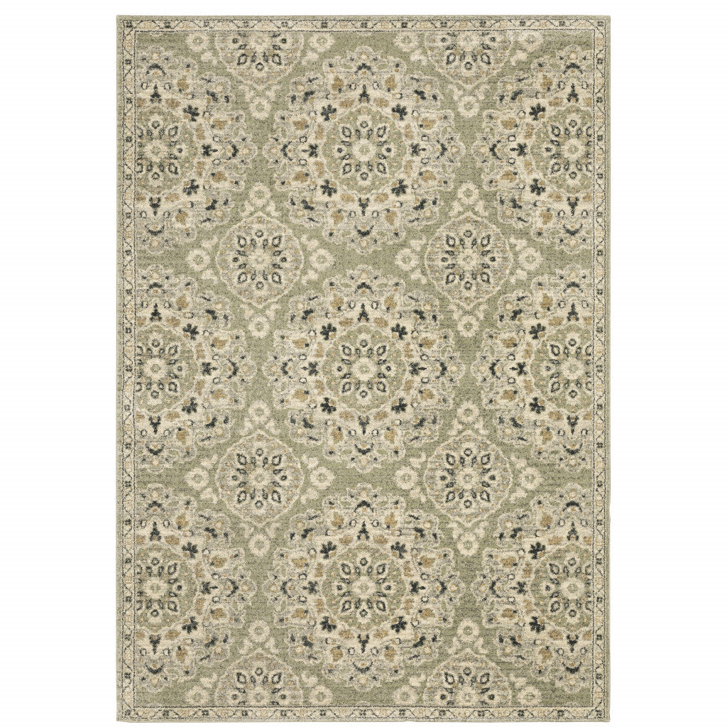 5' X 8' Green Ivory Grey And Tan Floral Power Loom Stain Resistant Area Rug