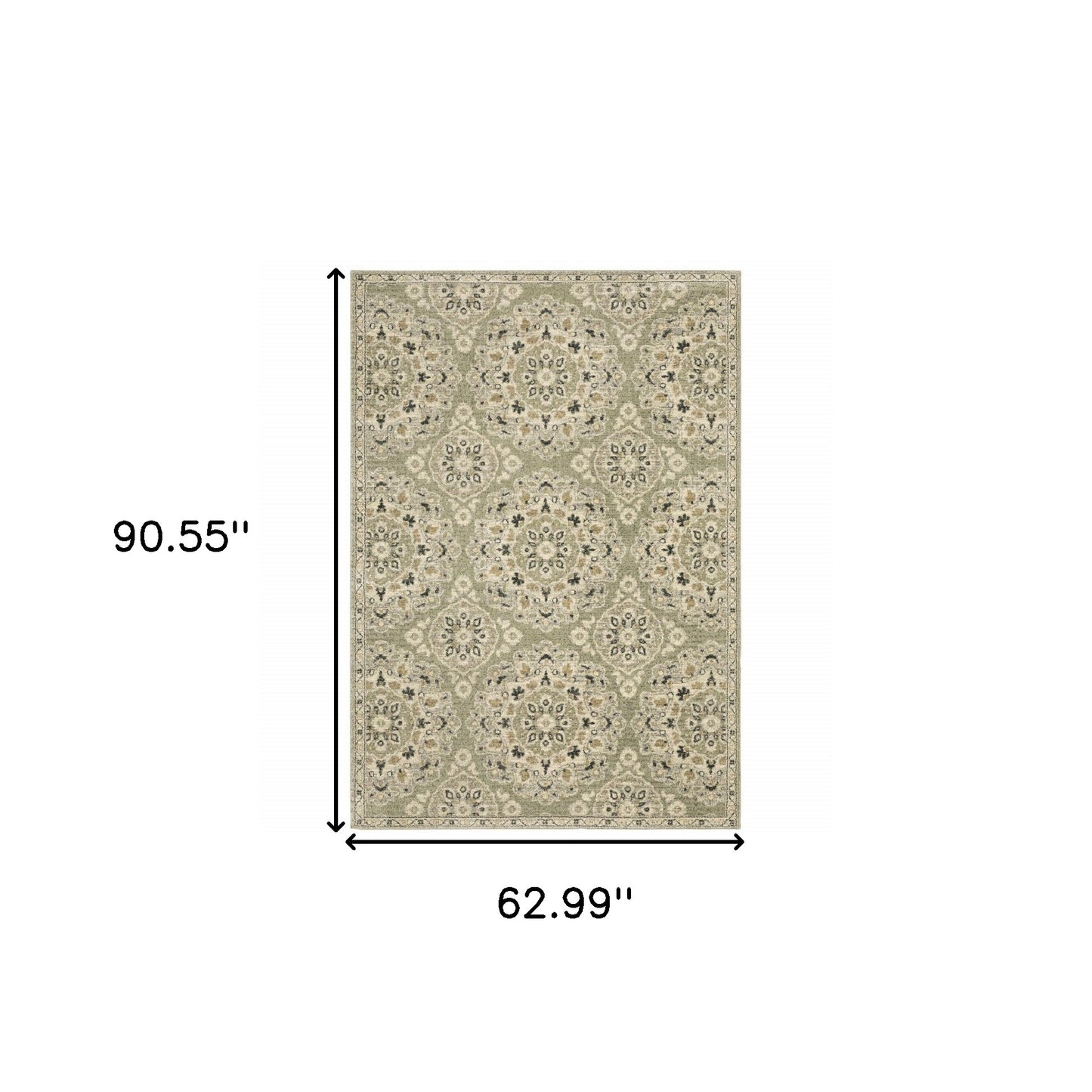 5' X 8' Green Ivory Grey And Tan Floral Power Loom Stain Resistant Area Rug