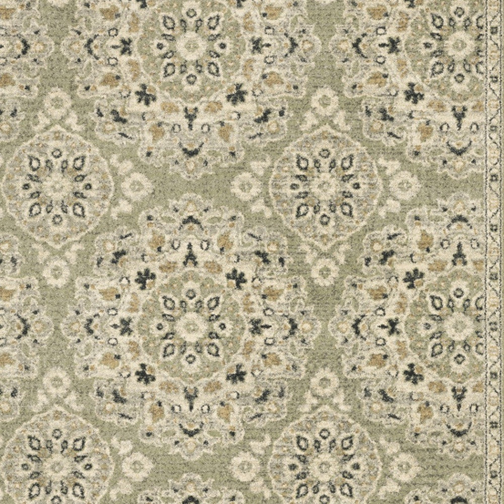 6' X 9' Green Ivory Grey And Tan Floral Power Loom Stain Resistant Area Rug