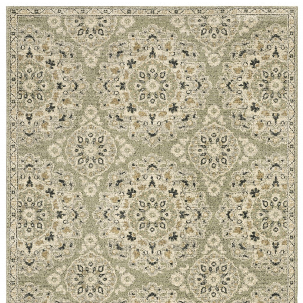 6' X 9' Green Ivory Grey And Tan Floral Power Loom Stain Resistant Area Rug