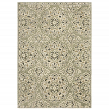 6' X 9' Green Ivory Grey And Tan Floral Power Loom Stain Resistant Area Rug