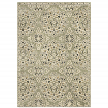 8' X 11' Green Ivory Grey And Tan Floral Power Loom Stain Resistant Area Rug