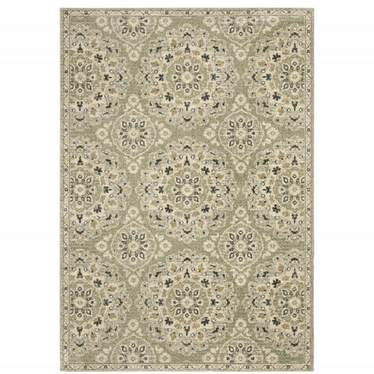 8' X 11' Green Ivory Grey And Tan Floral Power Loom Stain Resistant Area Rug