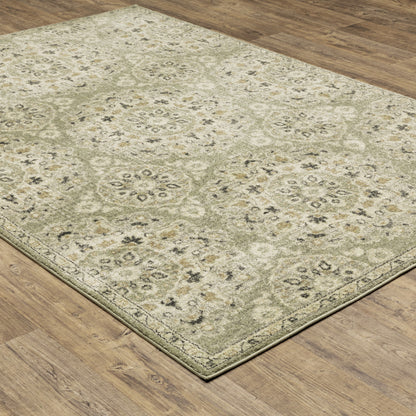 8' X 11' Green Ivory Grey And Tan Floral Power Loom Stain Resistant Area Rug