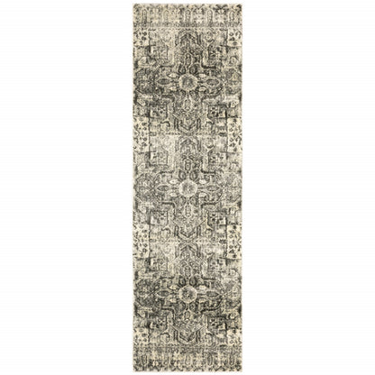 2' X 8' Grey Ivory And Brown Oriental Power Loom Stain Resistant Runner Rug