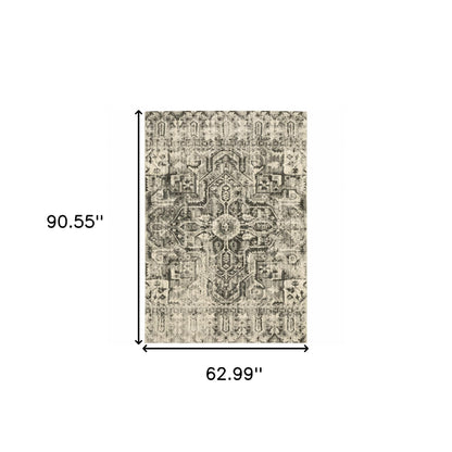 5' X 8' Grey Ivory And Brown Oriental Power Loom Stain Resistant Area Rug