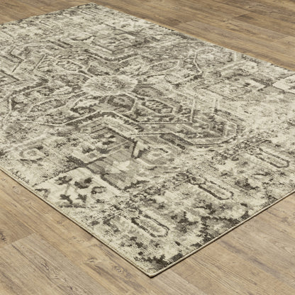 5' X 8' Grey Ivory And Brown Oriental Power Loom Stain Resistant Area Rug