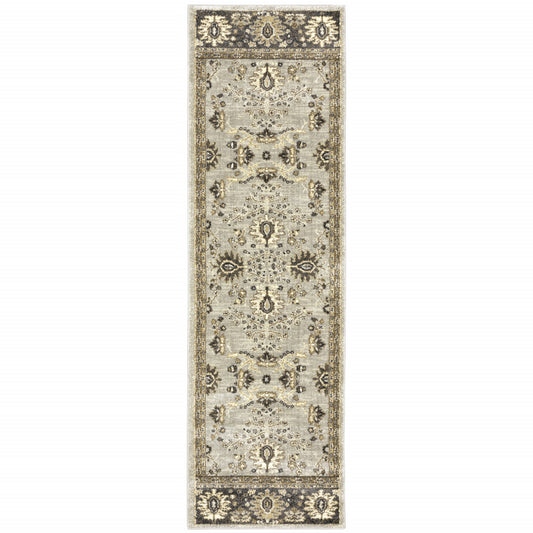 2' X 8' Grey Brown Tan And Beige Oriental Power Loom Stain Resistant Runner Rug