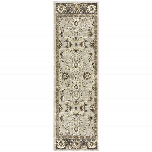 2' X 8' Grey Brown Tan And Beige Oriental Power Loom Stain Resistant Runner Rug