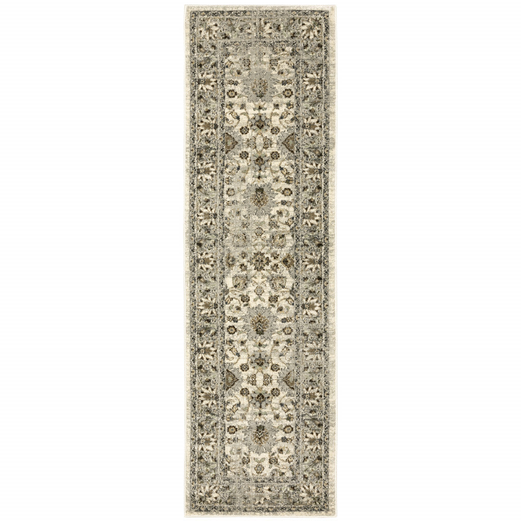 2' X 8' Beige Grey Brown And Charcoal Oriental Power Loom Stain Resistant Runner Rug