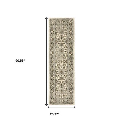 2' X 8' Beige Grey Brown And Charcoal Oriental Power Loom Stain Resistant Runner Rug