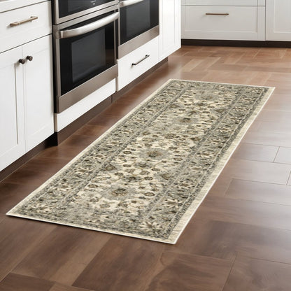 2' X 8' Beige Grey Brown And Charcoal Oriental Power Loom Stain Resistant Runner Rug
