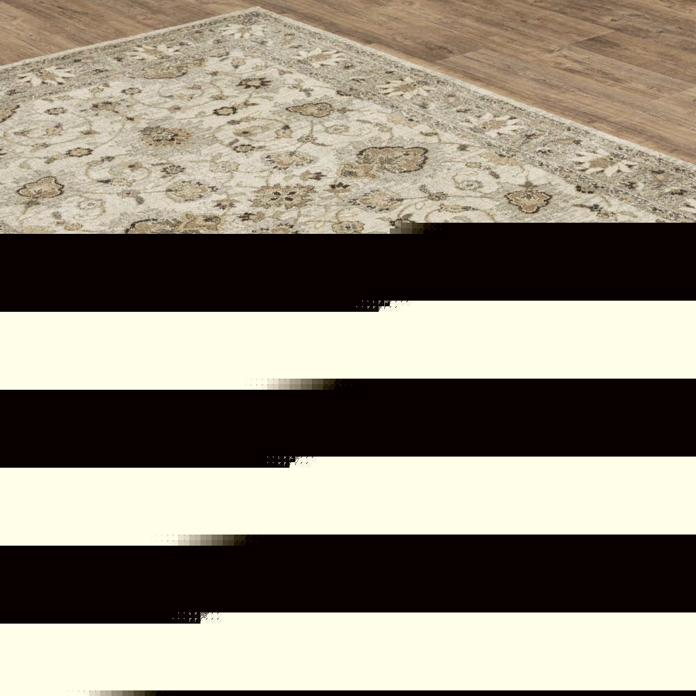 5' X 8' Beige Grey Brown And Charcoal Oriental Power Loom Stain Resistant Area Rug