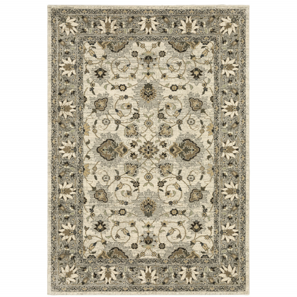 8' X 11' Beige Grey Brown And Charcoal Oriental Power Loom Stain Resistant Area Rug