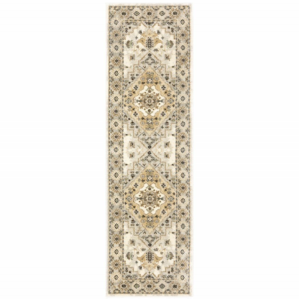 2' X 8' Beige Grey Tan And Brown Oriental Power Loom Stain Resistant Runner Rug