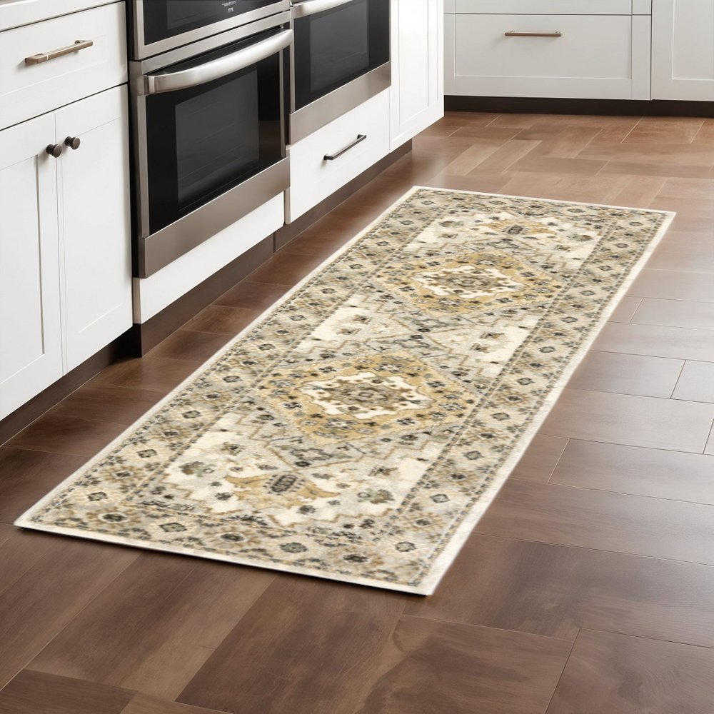 2' X 8' Beige Grey Tan And Brown Oriental Power Loom Stain Resistant Runner Rug