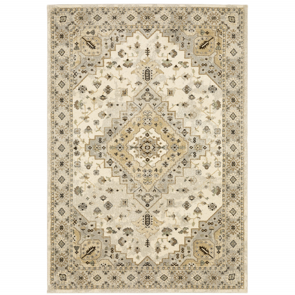 5' X 8' Beige Grey Tan And Brown Oriental Power Loom Stain Resistant Area Rug