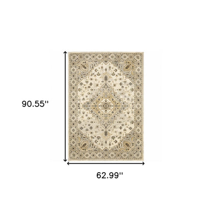 5' X 8' Beige Grey Tan And Brown Oriental Power Loom Stain Resistant Area Rug