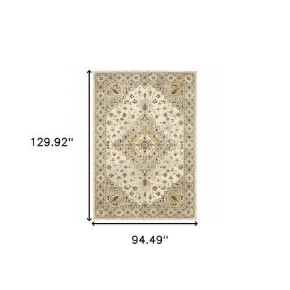 8' X 11' Beige Grey Tan And Brown Oriental Power Loom Stain Resistant Area Rug