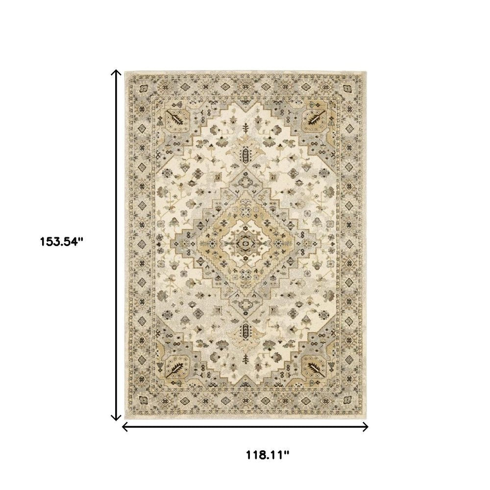10' X 13' Beige Grey Tan And Brown Oriental Power Loom Stain Resistant Area Rug