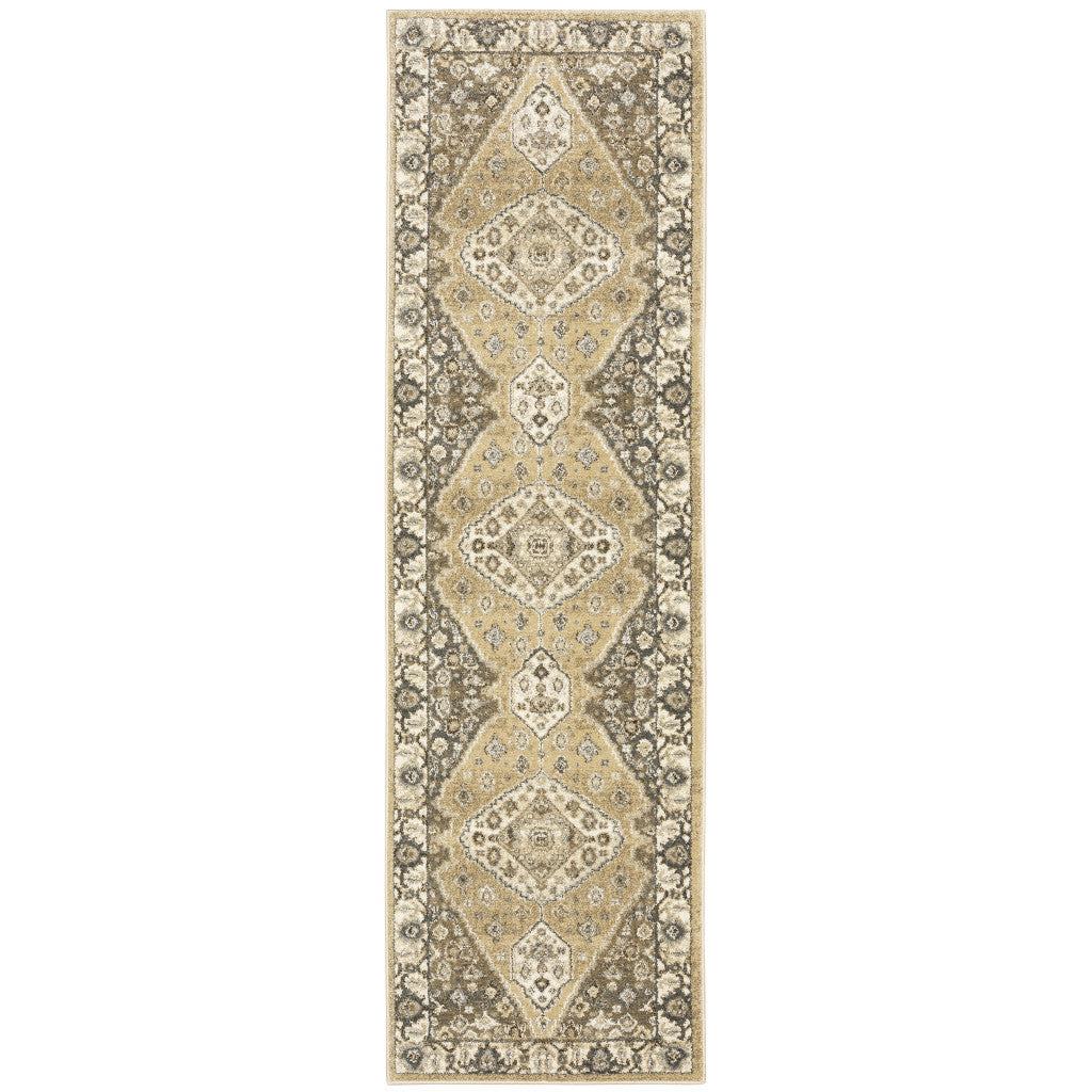 2' X 8' Beige Grey Tan And Charcoal Oriental Power Loom Stain Resistant Runner Rug