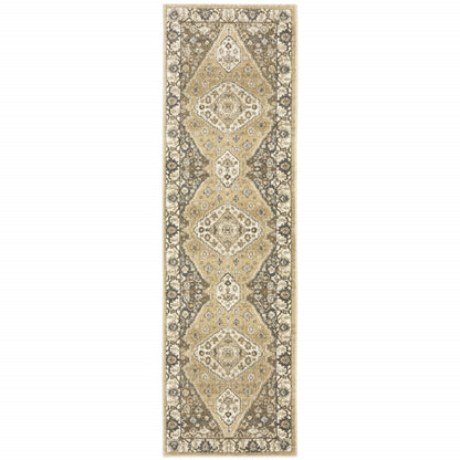 2' X 8' Beige Grey Tan And Charcoal Oriental Power Loom Stain Resistant Runner Rug