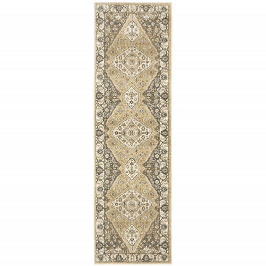 2' X 8' Beige Grey Tan And Charcoal Oriental Power Loom Stain Resistant Runner Rug