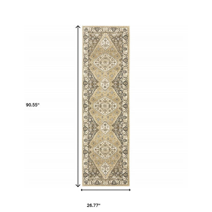 2' X 8' Beige Grey Tan And Charcoal Oriental Power Loom Stain Resistant Runner Rug