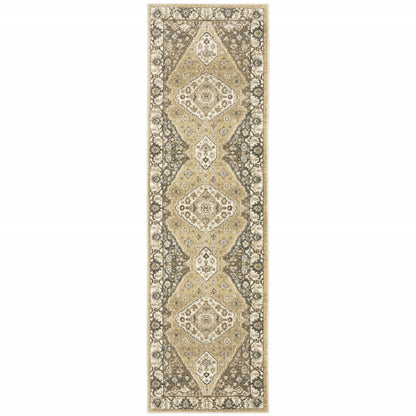 2' X 8' Beige Grey Tan And Charcoal Oriental Power Loom Stain Resistant Runner Rug