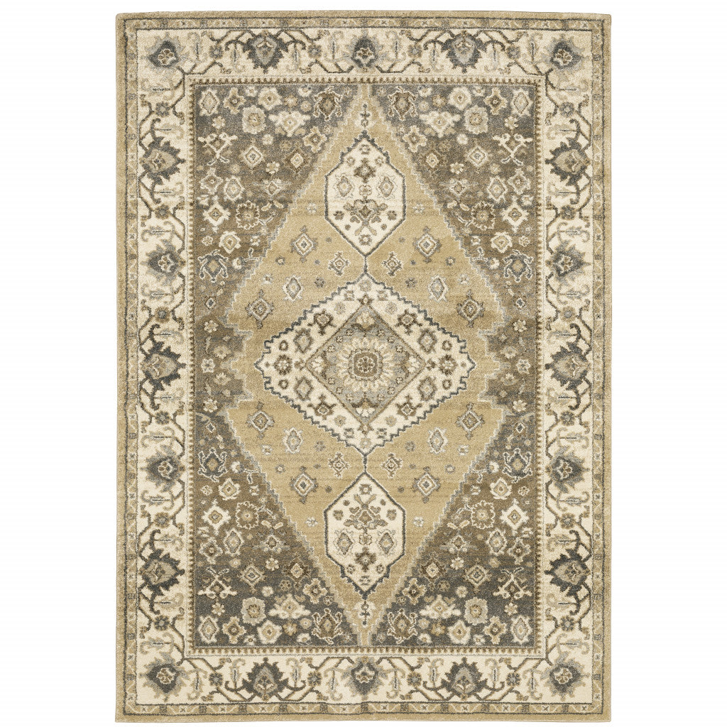 5' X 8' Beige Grey Tan And Charcoal Oriental Power Loom Stain Resistant Area Rug