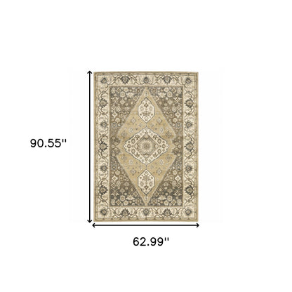 5' X 8' Beige Grey Tan And Charcoal Oriental Power Loom Stain Resistant Area Rug